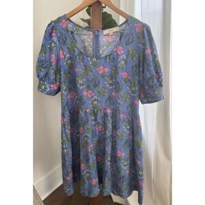 Loft Floral U Neck Puff Sleeve Blue Linen Dress Women’s Size 10